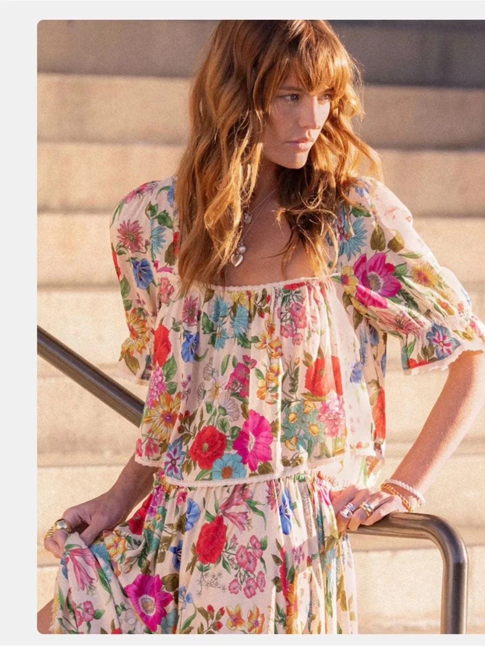 Spell Medium Valley of the dolls Floral Puff-Sleeve- Cream Multicolor top Blooms